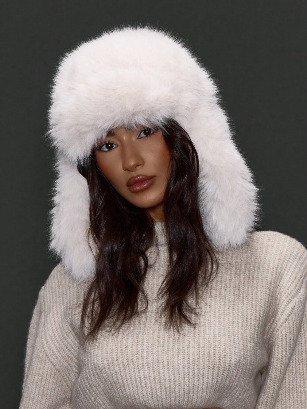 Beige Elegant Women's Oversized Faux Fur Trapper Hat